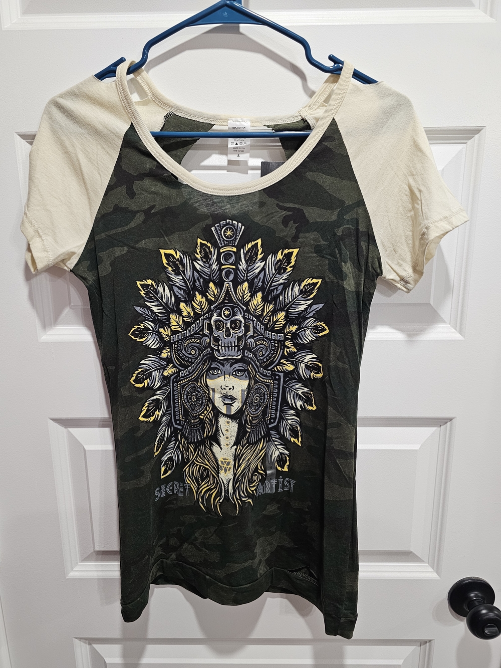 Camo Graphic Raglan Tee with Cream Sleeves - Green & Cream